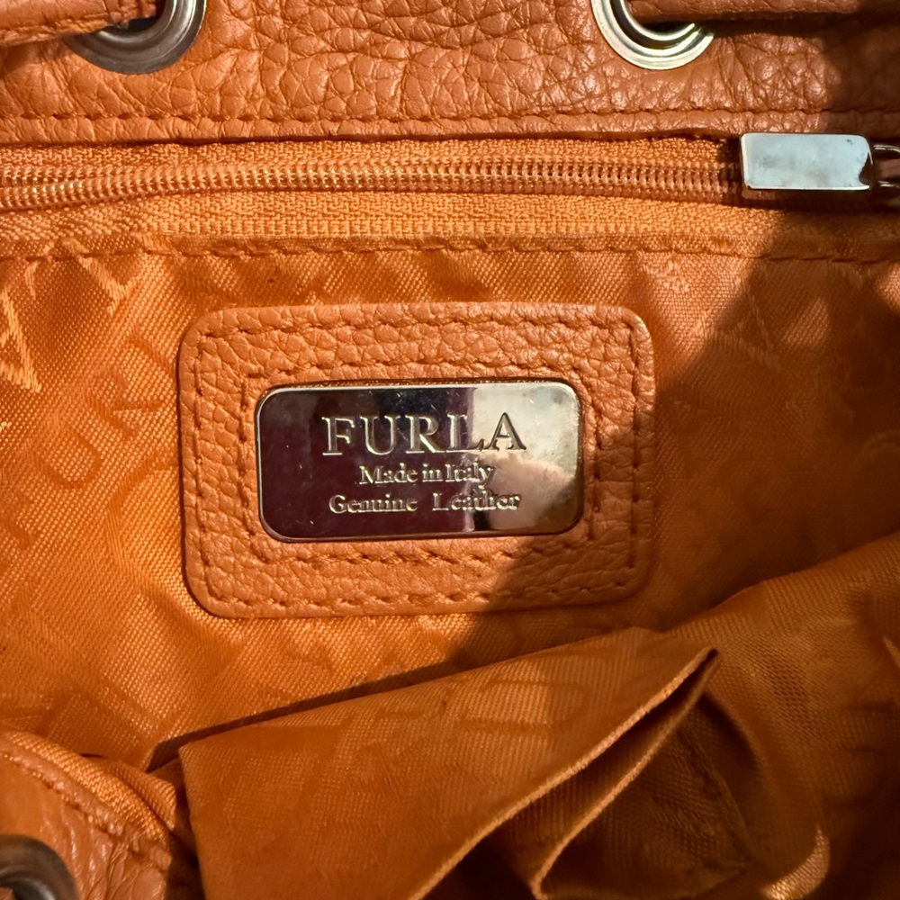 Orange Brown Leather Original Furla Drawstring Hobo Bag Purse - Picture 5 of 8